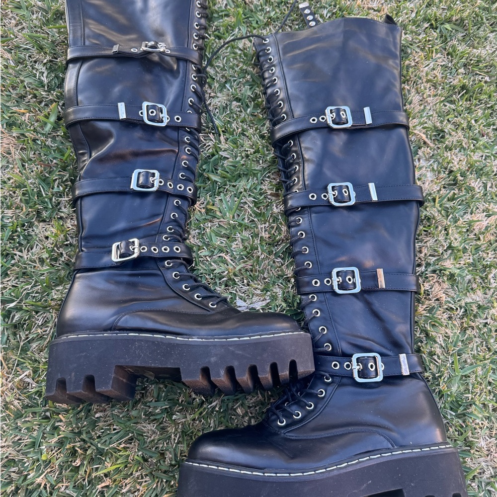 Lamoda black extreme lace up flat over the knee boots Size 4
